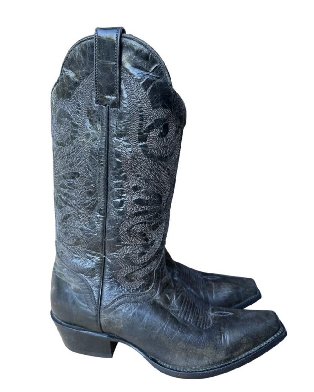 JB Dillon Snip Toe Cowboy Boot Black Distressed Leather Women size 8 B